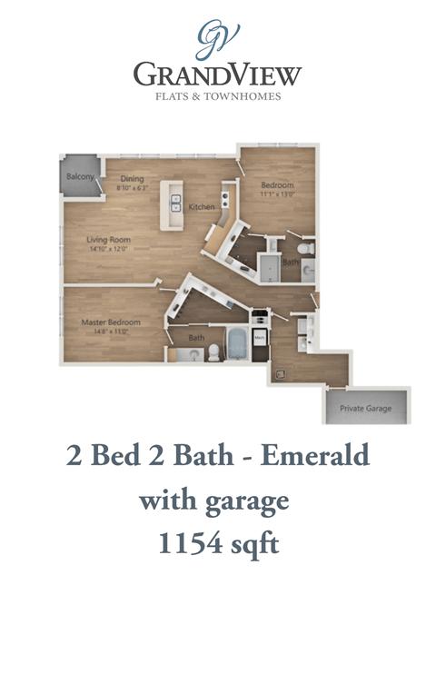 Floor plan for 2 beds, 2 baths, 1154 sqft